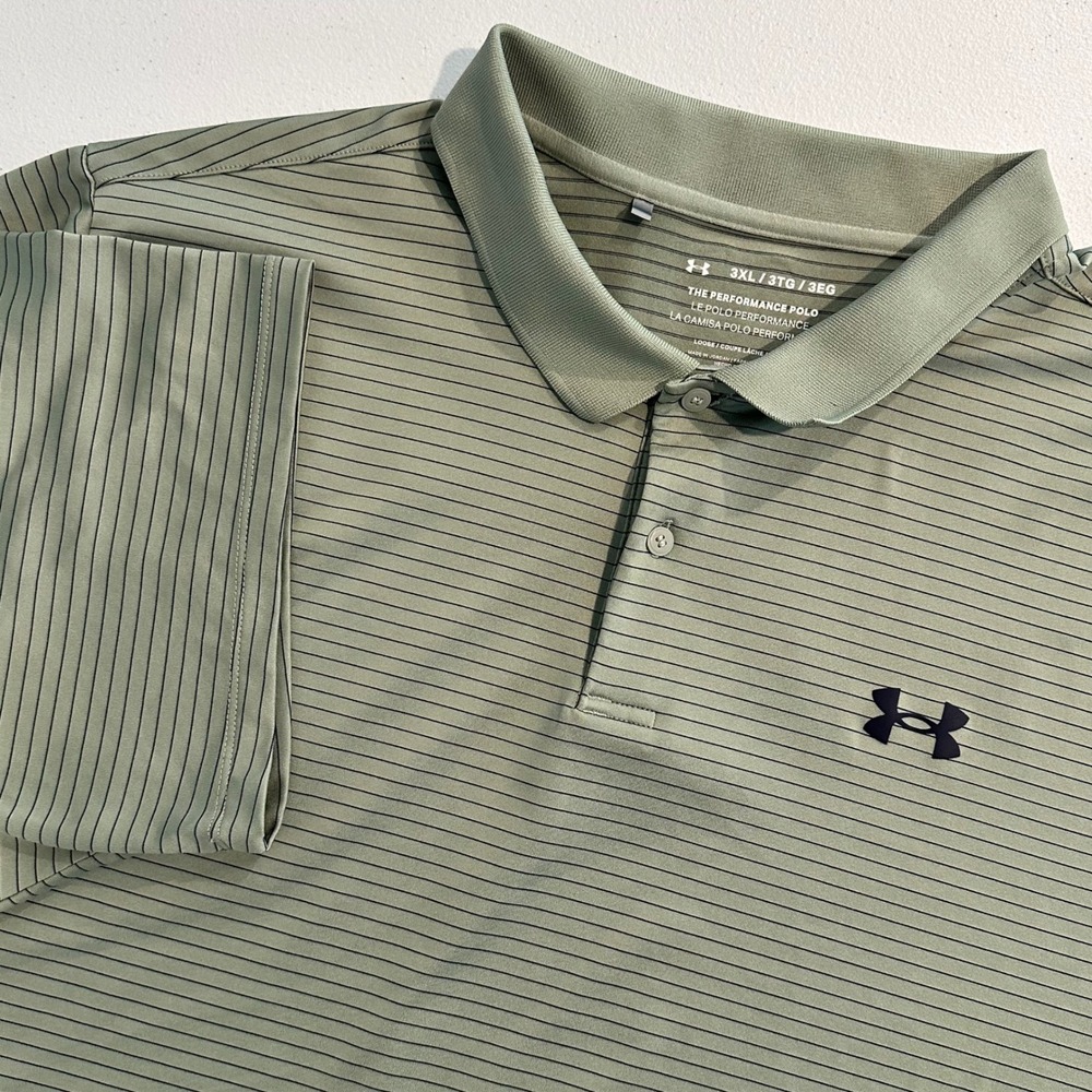 Under Armour Mens Performance Polo Golf Shirt Olive Green Striped 3XL Casual